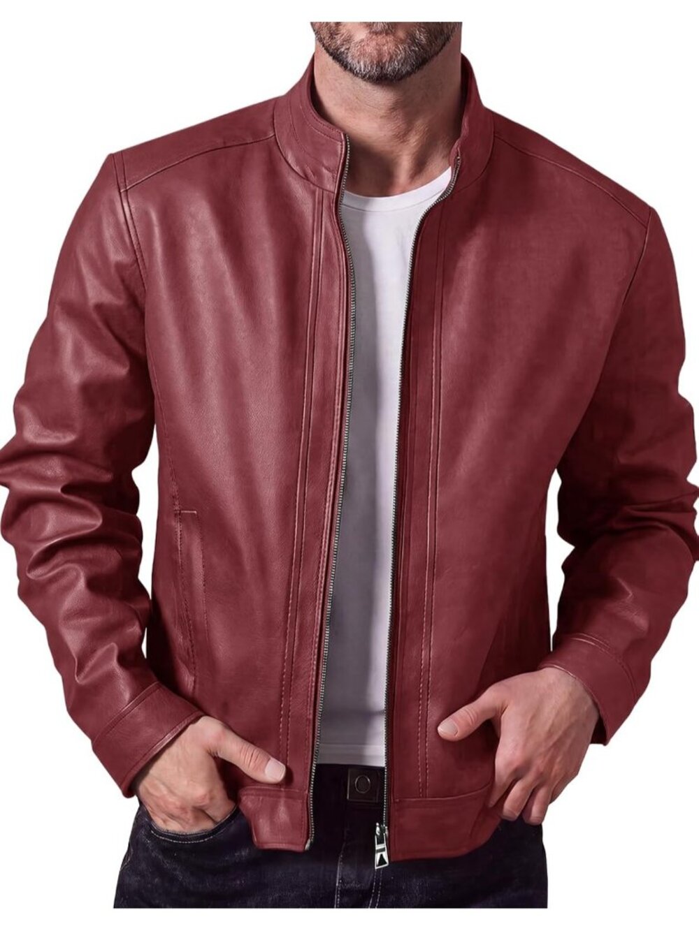 Men's Red Stand Collar Leather Jacket Motorcycle Faux Leather Outwear Full Zip